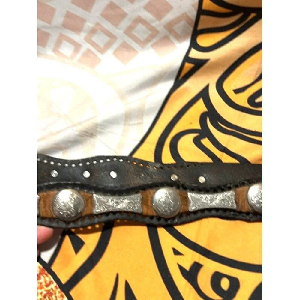 Tony Lama Western Leather Belt • Silver Engraved Buckle • Concho Accents